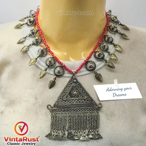 Turkman Vintage Pendant Necklace,Tribal Nomadic Beaded Chain